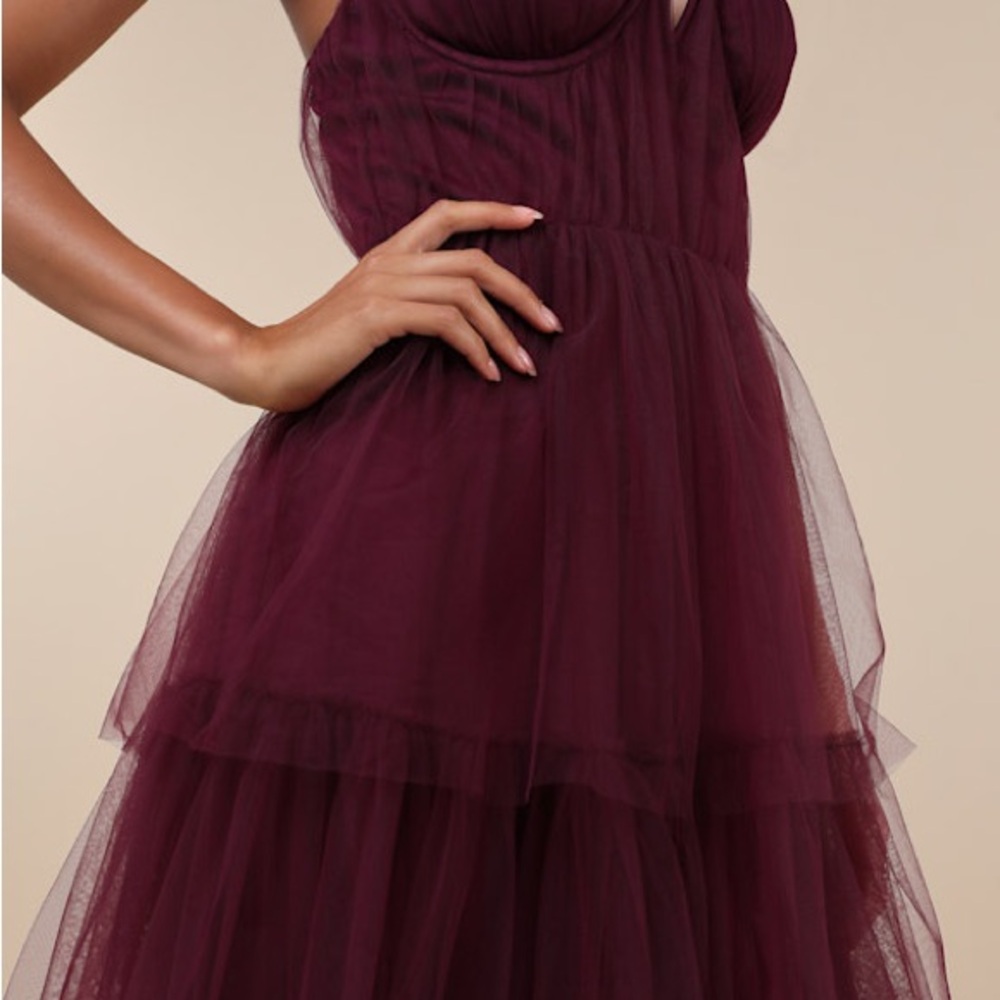 Lulus Unforgettable Poise Tulle‎ Bustier Tiered Maxi Dress, Plum Purple, XS, NWT - Picture 4 of 15